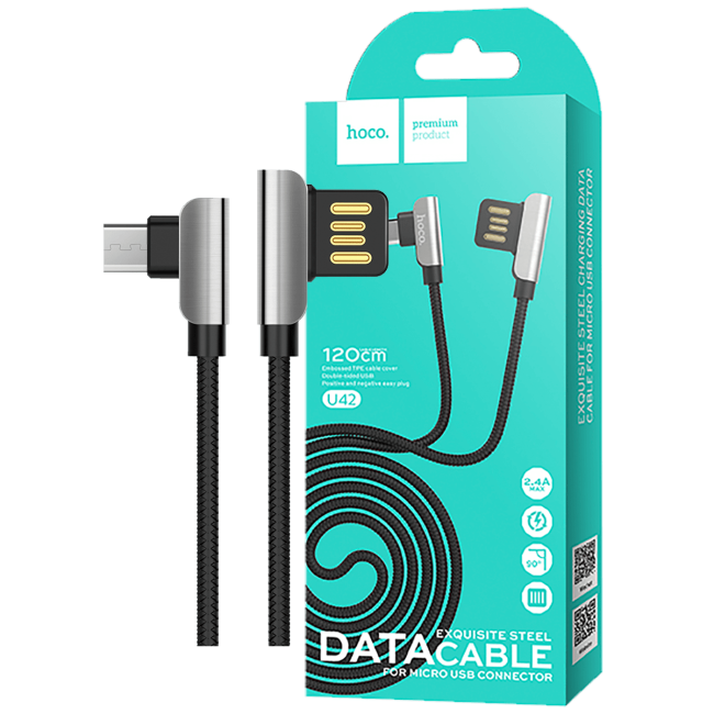 hoco. USB kabl za smartphone, micro USB, 1.2 met., 2.4 A, crna - U42 Exquisite steel, Micro USB, BK