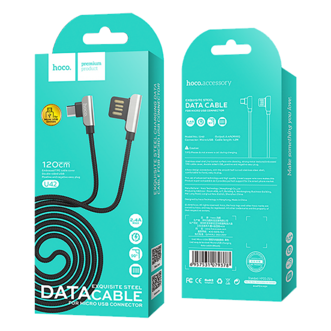 hoco. USB kabl za smartphone, micro USB, 1.2 met., 2.4 A, crna - U42 Exquisite steel, Micro USB, BK - Image 2
