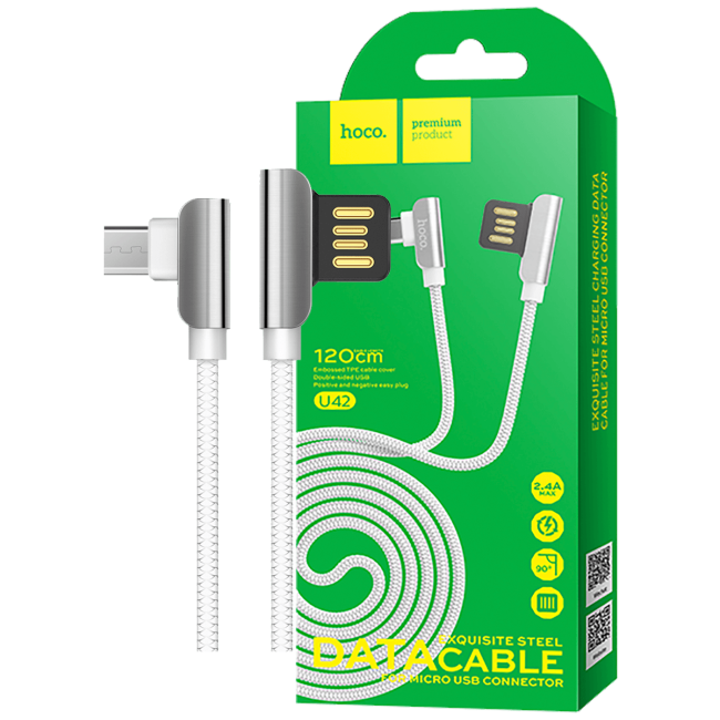 hoco. USB kabl za smartphone, micro USB, 1.2 met., 2.4 A, bijela - U42 Exquisite steel, Micro USB, WH