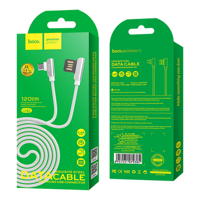 hoco. USB kabl za smartphone, micro USB, 1.2 met., 2.4 A, bijela - U42 Exquisite steel, Micro USB, WH - Image 2