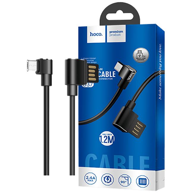 hoco. USB kabl za smartphone, micro USB, kutni 90°, 1.2 met,crna - U37 Long Roam, Micro USB , BK