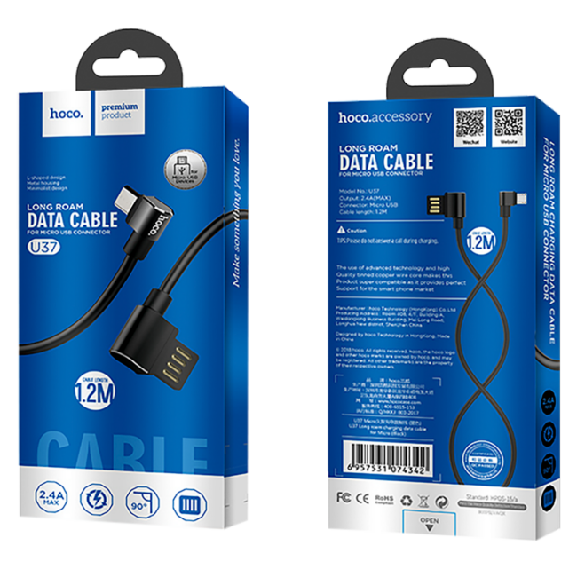 hoco. USB kabl za smartphone, micro USB, kutni 90°, 1.2 met,crna - U37 Long Roam, Micro USB , BK - Image 2