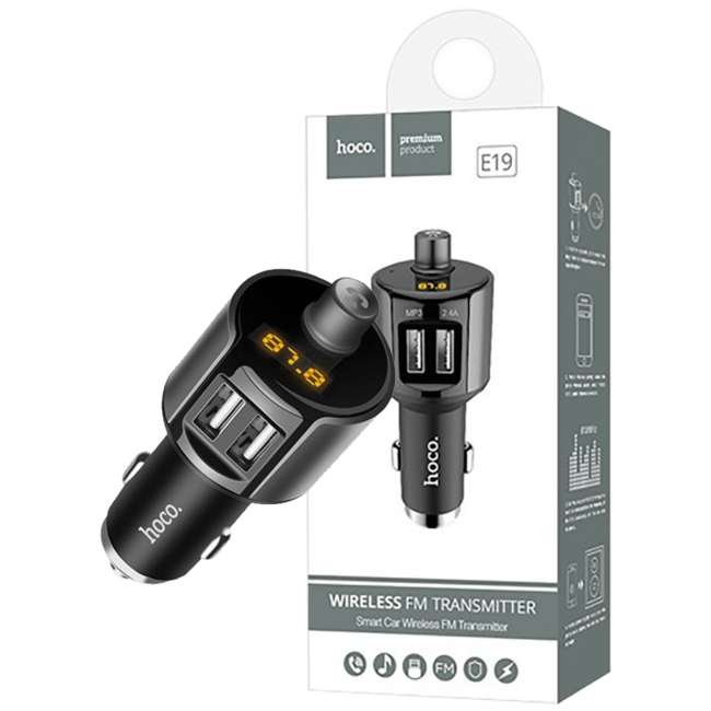hoco. FM modulator, BT handsfree, 12 V/24 V, 2 x USB 2,4 A - E19 Smart, BT, FM, Charger