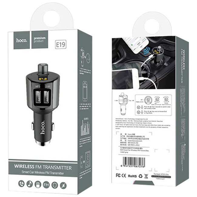 hoco. FM modulator, BT handsfree, 12 V/24 V, 2 x USB 2,4 A - E19 Smart, BT, FM, Charger - Image 2