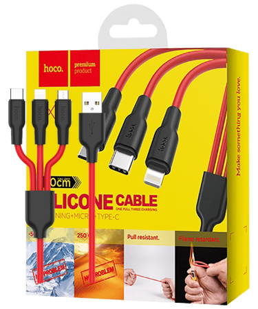hoco. USB kabl, 3in1, microUSB, type C, Lightning, 1.2 met., 2 A - X21 Silicone 3in1, Black/Red