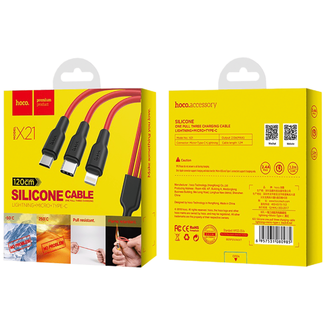 hoco. USB kabl, 3in1, microUSB, type C, Lightning, 1.2 met., 2 A - X21 Silicone 3in1, Black/Red - Image 2