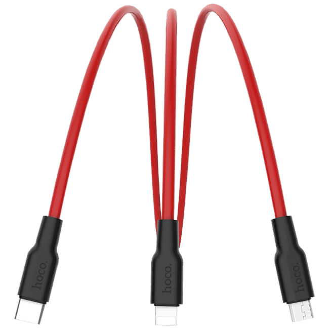 hoco. USB kabl, 3in1, microUSB, type C, Lightning, 1.2 met., 2 A - X21 Silicone 3in1, Black/Red - Image 3