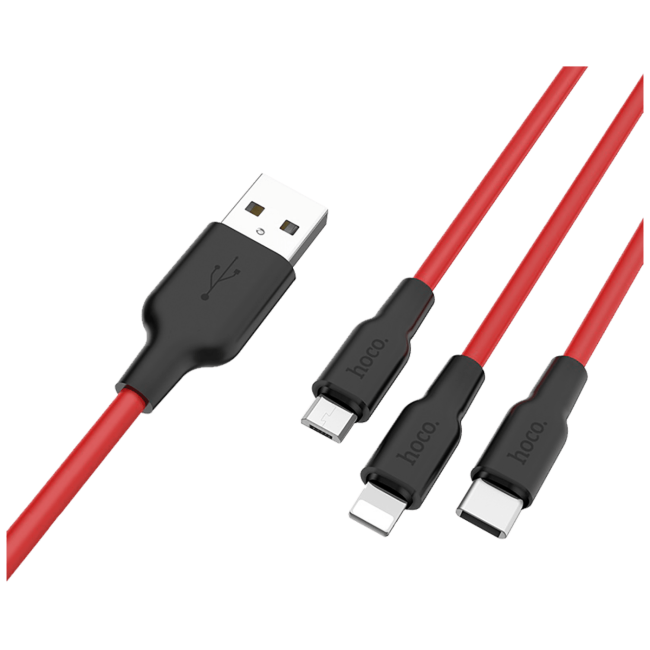 hoco. USB kabl, 3in1, microUSB, type C, Lightning, 1.2 met., 2 A - X21 Silicone 3in1, Black/Red - Image 4