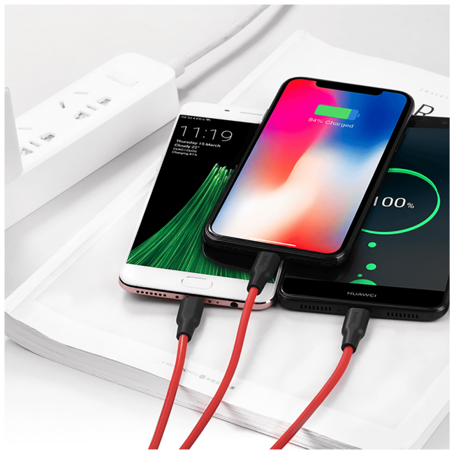 hoco. USB kabl, 3in1, microUSB, type C, Lightning, 1.2 met., 2 A - X21 Silicone 3in1, Black/Red - Image 5