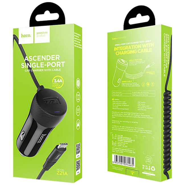 hoco. Auto punjač sa micro USB kabelom, 1 x USB,  2.4 A max. - Z21A Ascender single USB - Image 2