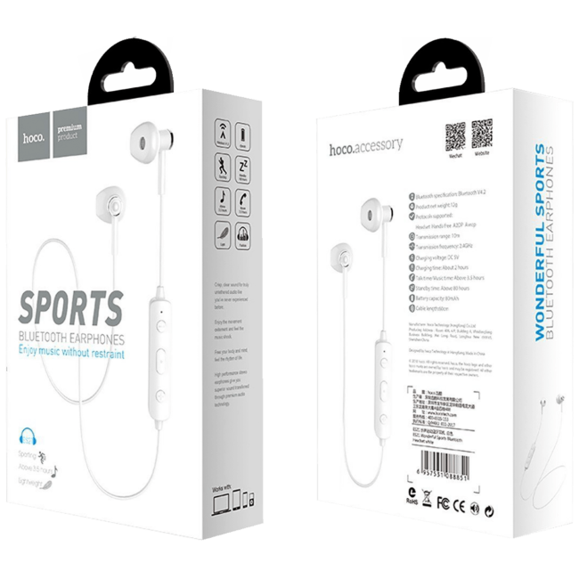 hoco. Slušalice bežična, sport, Bluetooth, 80 mAh, 3.5 h, bijela - ES21 Wonderful sports White - Image 2