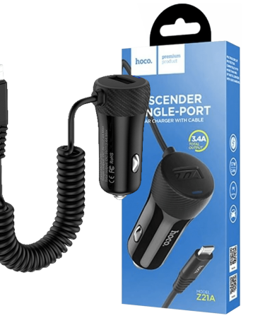 hoco. Auto punjač za Lightning kabelom,  1 x USB, 2.4 A max. - Z21A Ascender Lightning