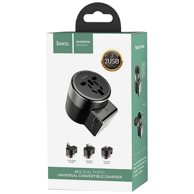 hoco. Punjač Travel, univerzalni, EU/UK/US/AU, 2 x USB,2.5 A - AC4 Dual port rotating charging - Image 2