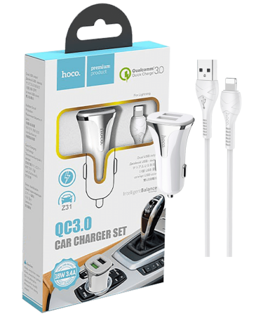 hoco. Auto punjač sa Lightning kabelom, QC, 2 x USB,  3.1 A - Z31 Universe double port, Lightning