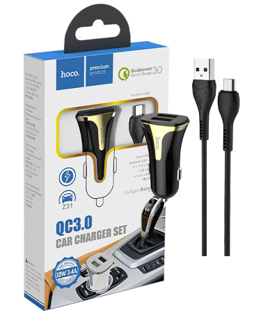 hoco. Auto punjač sa microUSB kabelom, QC, 2 x USB,  3.1 A - Z31 Universe double port, microUSB