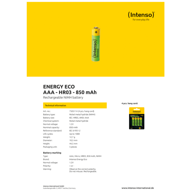 (Intenso) Baterija punjiva AAA / HR03, 850 mAh, blister 4 kom - AAA / HR03/850 - Image 3