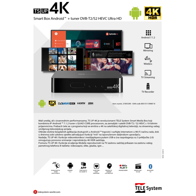 TELE System Prijemnik combo, Android , DVB-S2/T2, 4K, HEVC/10 bit - TS UP4K - Image 4