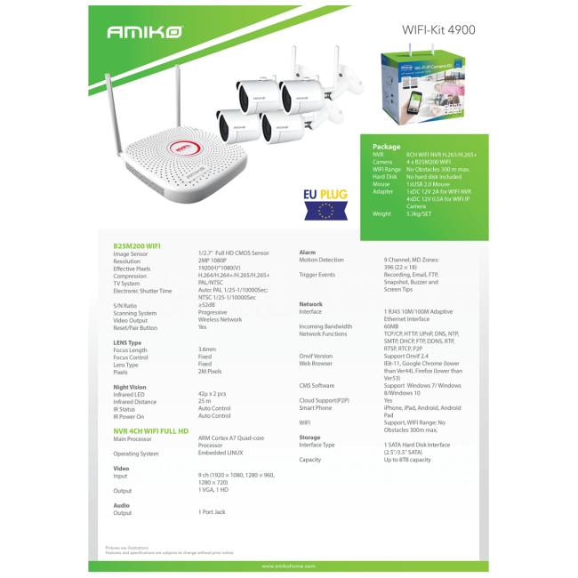 Amiko Home Set za video nadzor, 2 Mpixel, 4 x bullet cam., 9 ch, WiFi - WIFI KIT-4900 - Image 4