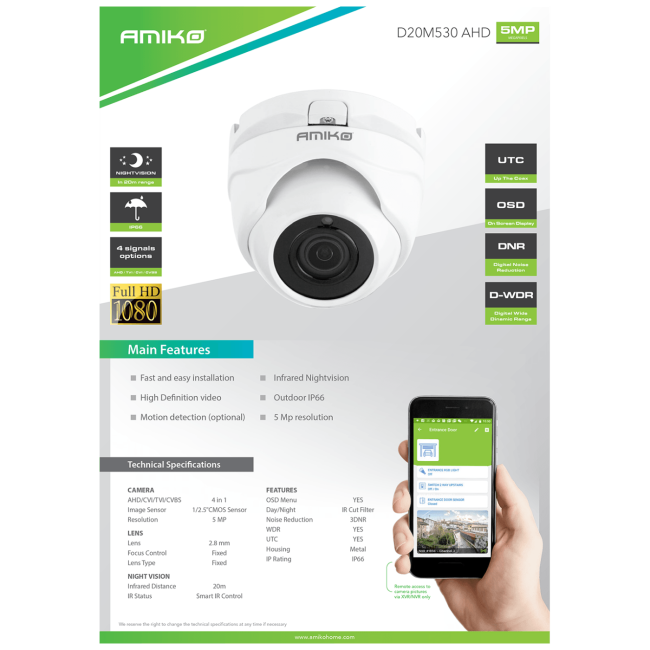 Amiko Home Kamera analogna, 4in1, 5 MPixel, 1/2.5" CMOS, HD Lens 2,8mm - D20M530-AHD - Image 2