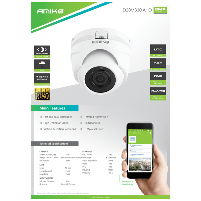 Amiko Home Kamera analogna, 4in1, 8 MPixel, 1/1.8" CMOS, HD Lens 2,8mm - D20M830-AHD - Image 2