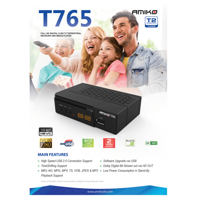 Amiko Prijemnik zemaljski, DVB-T2, H.265, Media Player,USB - T765 - Image 4