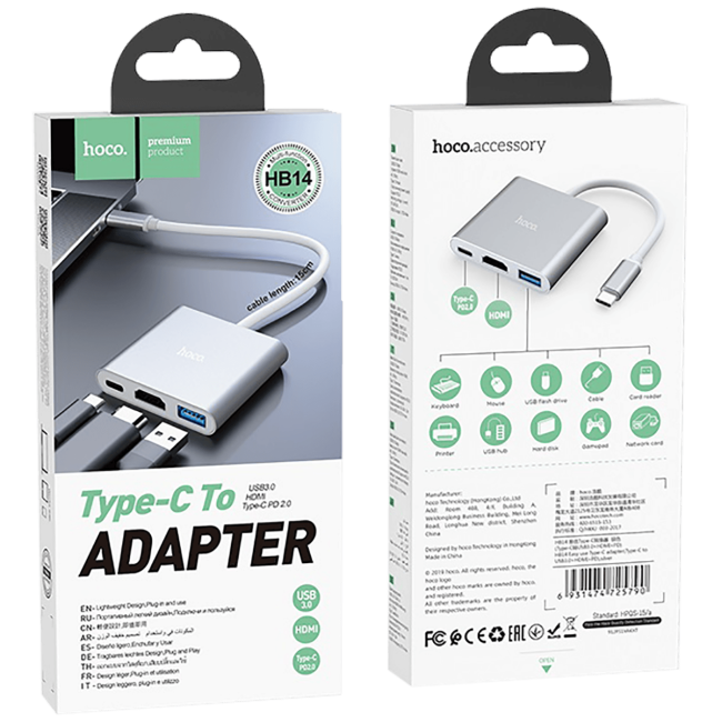 hoco. Konverter USB HUB type C to USB3.0/HDMI/PD - HB14 Easy use - Image 2