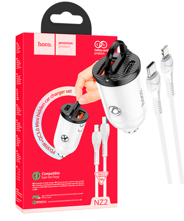 hoco. Auto punjač sa Lightning kabelom, PD + QC3.0, 2 x USB, 4.8 A - NZ2 Link, type C-Lightning, White