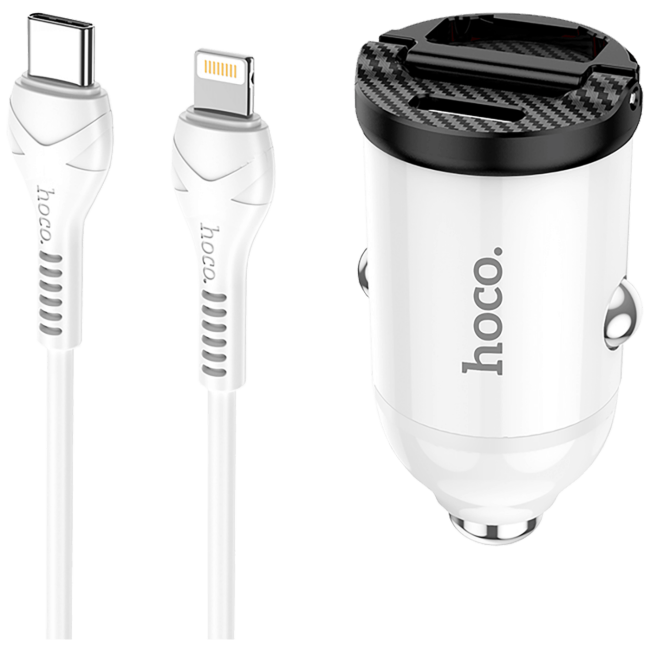 hoco. Auto punjač sa Lightning kabelom, PD + QC3.0, 2 x USB, 4.8 A - NZ2 Link, type C-Lightning, White - Image 3