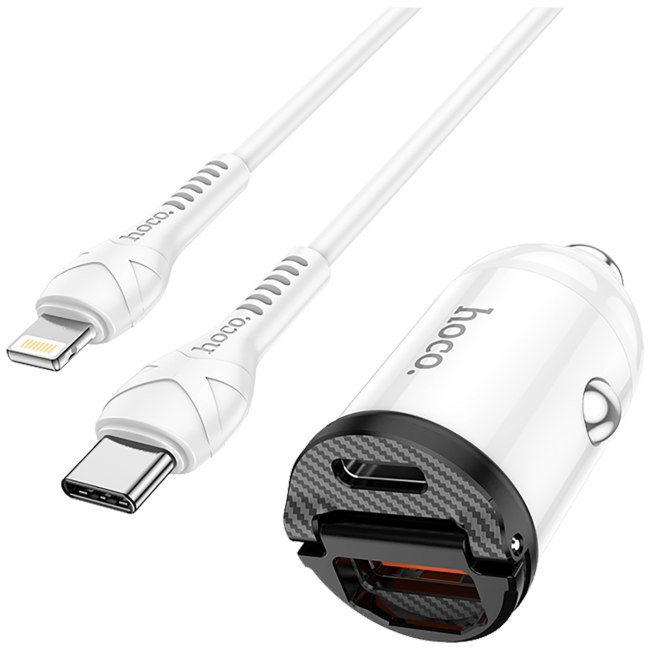 hoco. Auto punjač sa Lightning kabelom, PD + QC3.0, 2 x USB, 4.8 A - NZ2 Link, type C-Lightning, White - Image 4