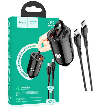 hoco. Auto punjač sa type C kabelom, PD + QC3.0, 2 x USB, 4.8 A - NZ2 Link, type C, Black