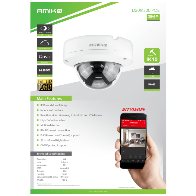 Amiko Home Kamera IP 3 MP, PoE, 1/2.8" CMOS, 2.8mm, IK10 - D20IK300 POE - Image 2