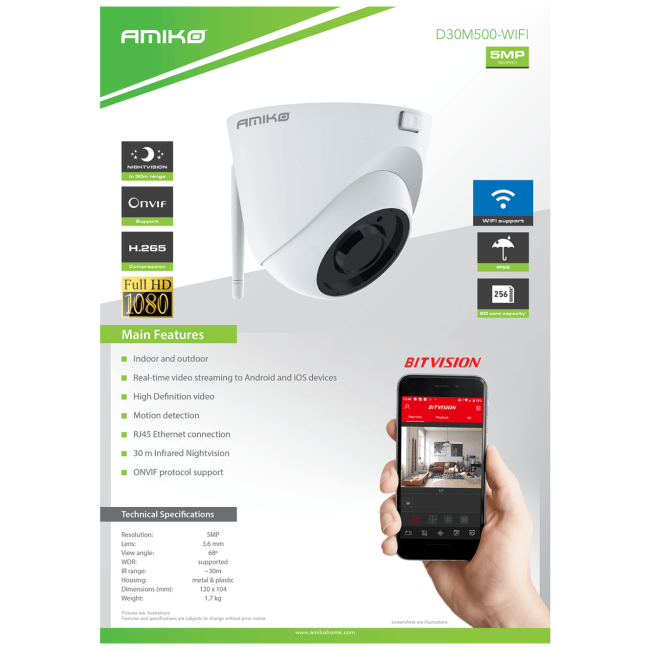 Amiko Home Kamera IP 5 MP, 1/2.5" Fulhan CMOS, 3.6mm, WiFi - D30M500 WIFI - Image 2