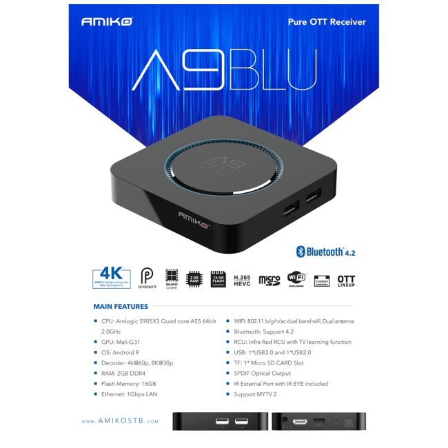 Amiko Prijemnik IPTV, Android OS, 2/16GB, 4K, WiFi, Bluetooth - A9 Blue - Image 5