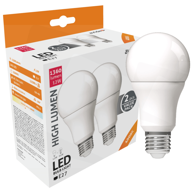 Avide Sijalica, LED 12W, E27, 4000K, 230V AC, pak. 2 kom. - Globe Twin Pack A60 12W E27