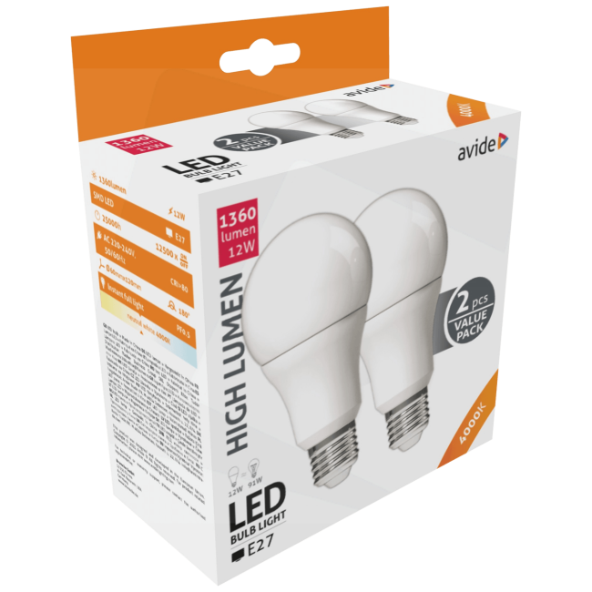 Avide Sijalica, LED 12W, E27, 4000K, 230V AC, pak. 2 kom. - Globe Twin Pack A60 12W E27 - Image 2