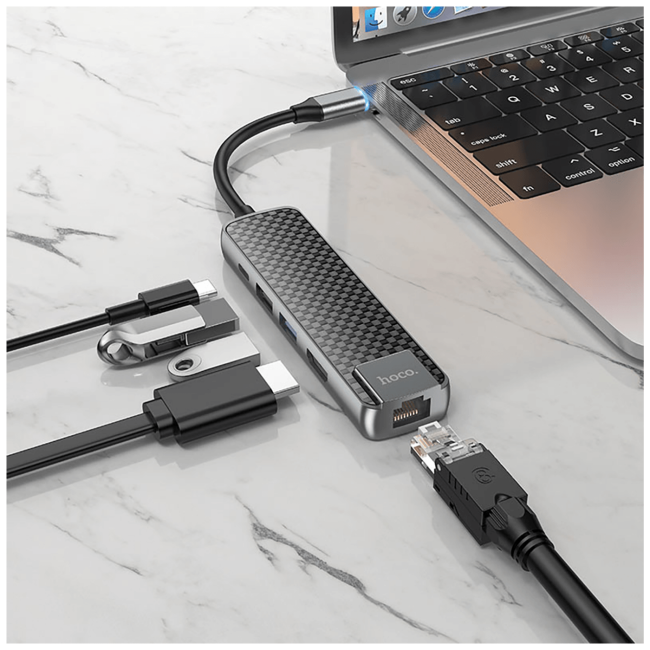hoco. Konverter USB HUB type C to USB3.0/USB2.0/HDMI/RJ45/PD - HB23 Easy view - Image 6