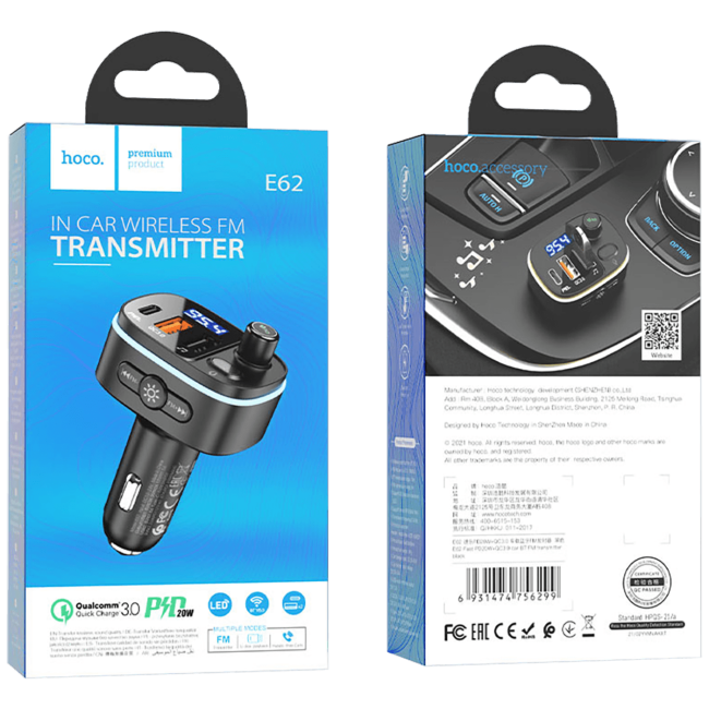 hoco. FM modulator, E62,Bluetooth,12/24 V,2xUSB, 1xUSB-C,PD20W - E62 Fast - Image 2