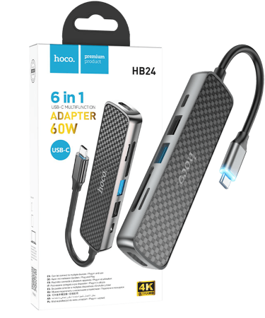 hoco. Konverter USB HUB type C to HDMI/USB3.0/USB2.0/SD/ TF/PD - HB24 Easy display