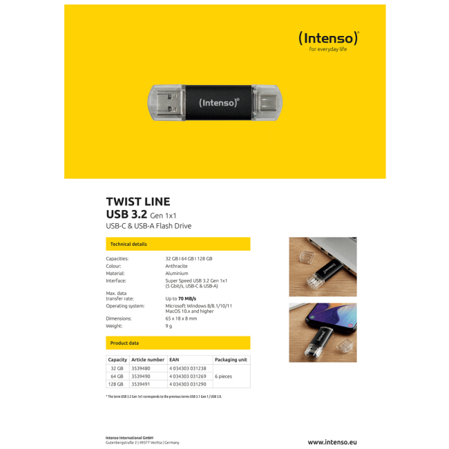 (Intenso) USB Flash drive 128GB, USB 3.2, USB-C, USB-A, Twist Line - USB3.2-128GB/Twist Line - Image 2