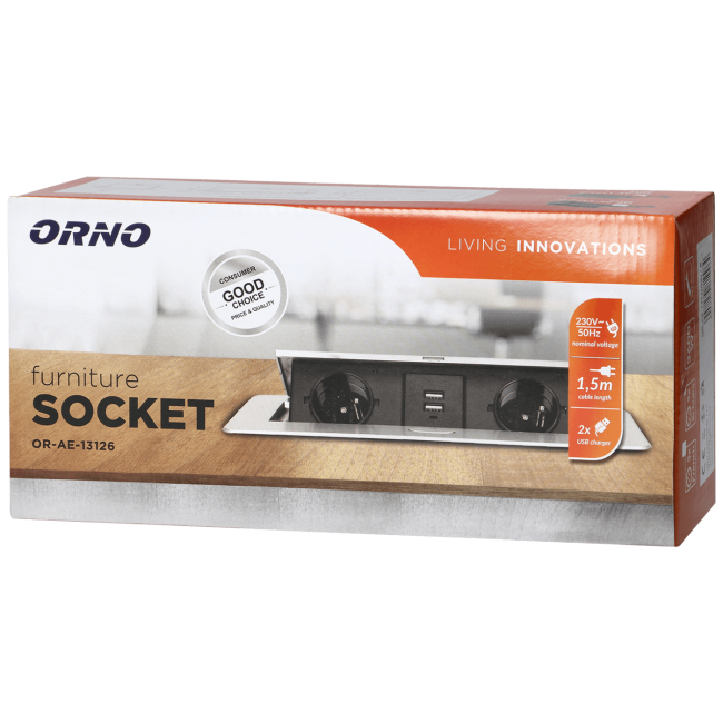 Orno Produžni kabel sa 2 x Schuko utičnice + 2 x USB, ugradbena - OR-AE-13126(GS)/G - Image 2