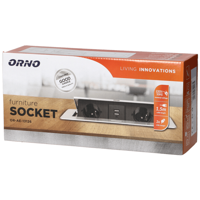 Orno Produžni kabel sa 2 x Schuko utičnice + 2 x USB, ugradbena - OR-AE-13126(GS)/GR - Image 2