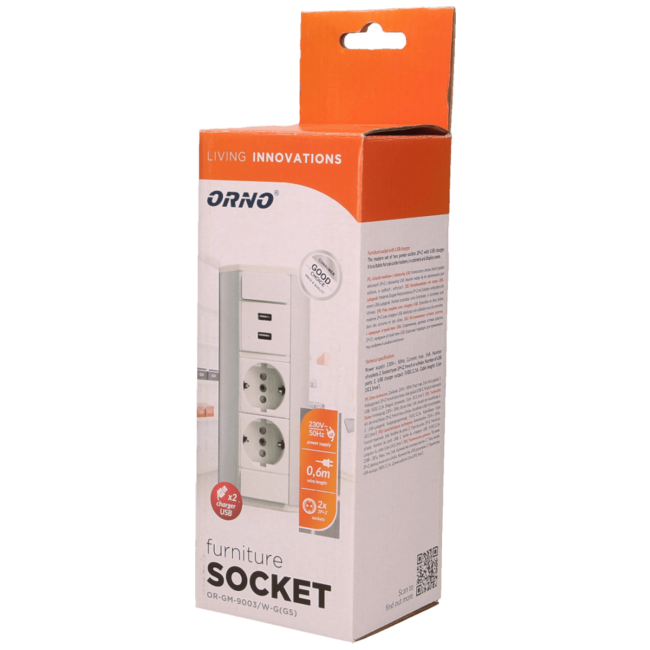 Orno Produžni kabel sa 2 x Schuko utičnice, 2 x USB, ugradbena - OR-GM-9003/W-G(GS) - Image 2