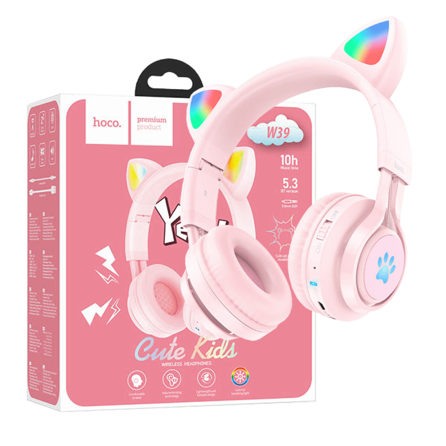 hoco. Slušalice bežične sa mikrofonom, Bluetooth, mačje uši, pink - W39 slušalice Mačje uši,Pink