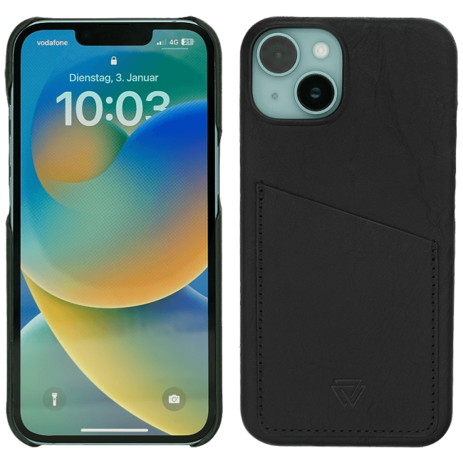 Wachikopa Maska za iPhone 14, držač za kartice, koža, crna - Full Leather Case iPhone 14 Black