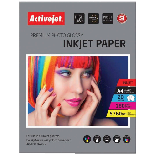 Activejet Foto papir, A4, 180g, Glossy White, 20 kom. - AP4-180G20