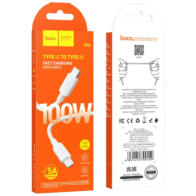 hoco. USB kabl za smartphone, type C, 100W, bijela - X96 Hyper, 100W, White - Image 5