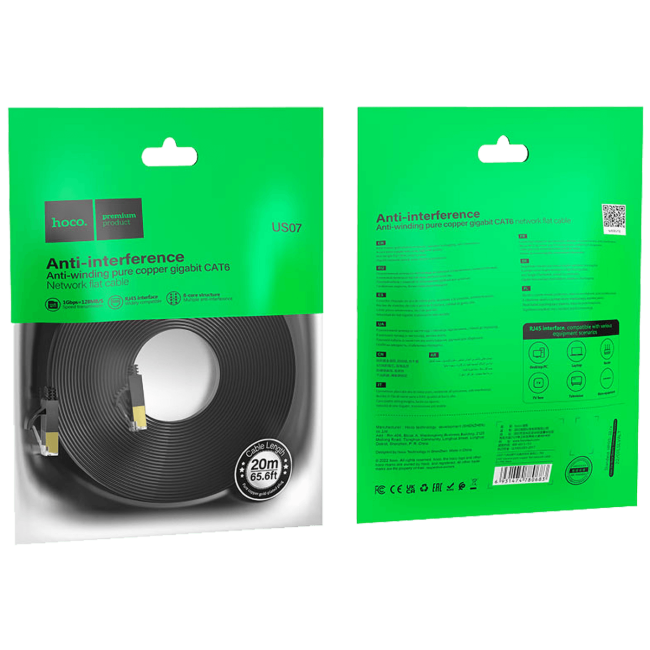 hoco. Mrežni kabl, CAT6, Gigabit Ethernet, flat, 20 met., crna - US07 General, 20 met. - Image 4