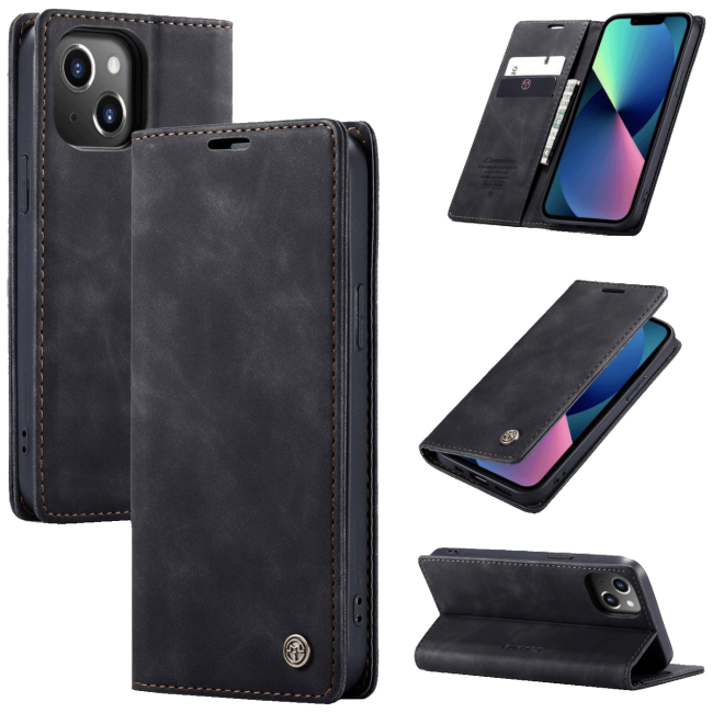 CaseMe Futrola preklopna za iPhone 14, koža, crna - Flip Leather Phone Case iPhone 14 - Image 3