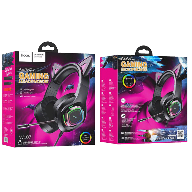 hoco. Slušalice sa mikrofonom, gaming, USB/3.5 mm, LED - W107 Cute Cat Black/Pink - Image 5