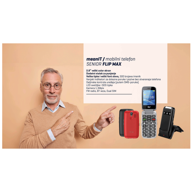 MeanIT Telefon mobilni, 2.8" ekran, Dual SIM, SOS tipka - SENIOR FLIP MAX Red - Image 5